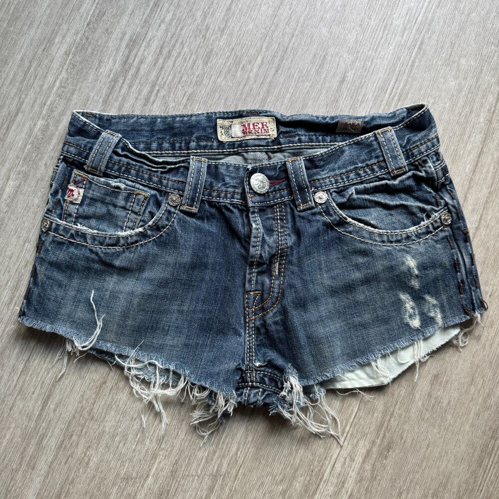 MEK Denim Women's Cut Off Jean Shorts 30" W Y2K Raw Hem Blue Wash